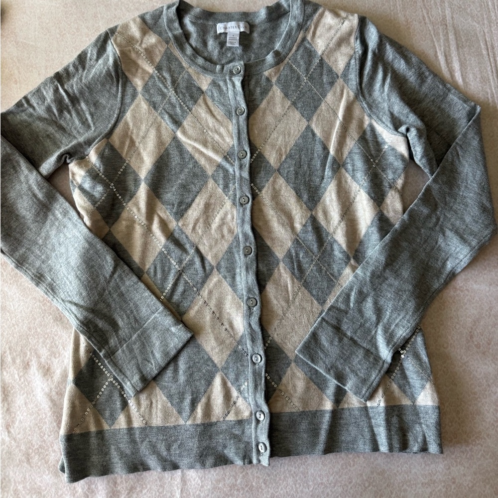 Charter Club Gray and Cream Argyle Cardigan